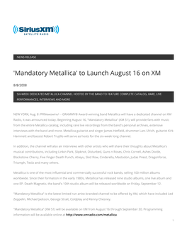 'Mandatory Metallica' to Launch August 16 on XM