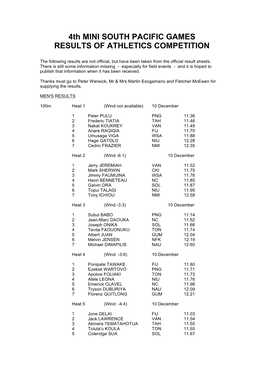 4Th MINI SOUTH PACIFIC GAMES RESULTS of ATHLETICS COMPETITION