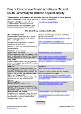 Physical Activity Options in Mid and South Canterbury