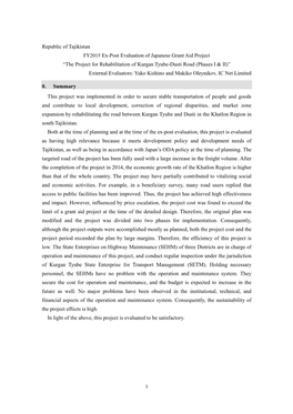 Republic of Tajikistan FY2015 Ex-Post Evaluation of Japanese Grant Aid Project “The Project for Rehabilitation of Kurgan Tyube