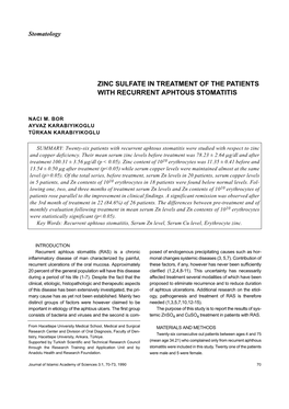 Zinc Sulfate in Treatment of the Patients with Recurrent Aphtous Stomatitis