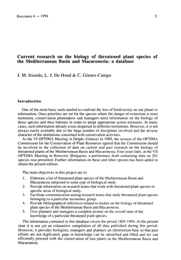 Current Research on the Bioiogy of Threatened Plant Species of the Mediterranean Basin and Macaronesia: a Database