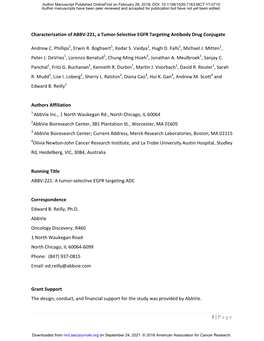 Characterization of ABBV-221, a Tumor-Selective EGFR Targeting Antibody Drug Conjugate