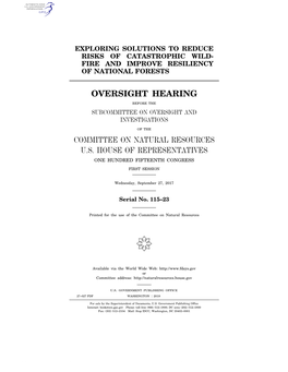 Oversight Hearing Committee on Natural Resources U.S