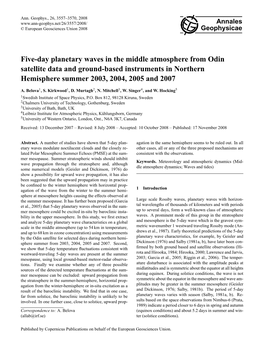 Five-Day Planetary Waves in the Middle Atmosphere from Odin Satellite Data and Ground-Based Instruments in Northern Hemisphere Summer 2003, 2004, 2005 and 2007