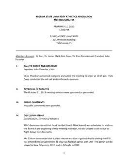 FLORIDA STATE UNIVERSITY ATHLETICS ASSOCIATION MEETING MINUTES FEBRUARY 11, 2020 12:00 PM FLORIDA STATE UNIVERSITY 201 Westcott