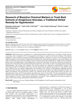 Research of Bioactive Chemical Markers in Trunk Bark Extracts of Anogeissus Leiocarpa , a Traditional Herbal Remedy for Hypertension