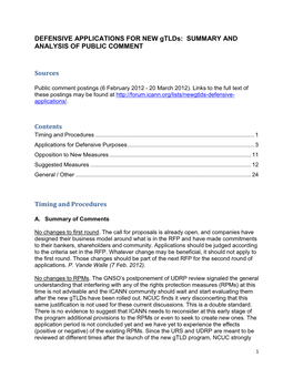 DEFENSIVE APPLICATIONS for NEW Gtlds: SUMMARY and ANALYSIS of PUBLIC COMMENT