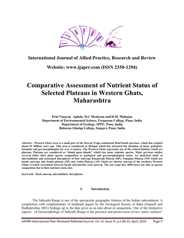 Comparative Assessment of Nutrient Status of Selected Plateaus in Western Ghats, Maharashtra