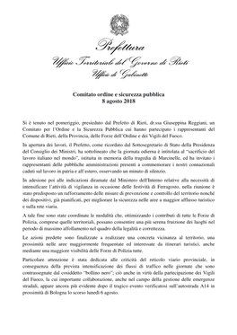 Prefettura Di Rieti-Comunicato 08.08.2018