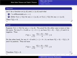 MATH1010 University Mathematics Mean Value Theorem Mean Value Theorem and Taylor’S Theorem L’Hopital’S Rule Taylor’S Theorem