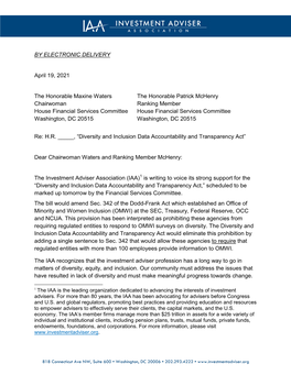 BY ELECTRONIC DELIVERY April 19, 2021 the Honorable Maxine Waters the Honorable Patrick Mchenry Chairwoman Ranking Member Hous