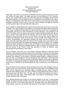 History of the Crusades. Episode 138. the Crusade Against the Cathars. the Siege of Moissac. Hello Again. Last Week We Saw Simon