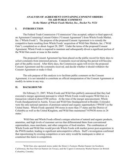 ANALYSIS of AGREEMENT CONTAINING CONSENT ORDERS to AID PUBLIC COMMENT in the Matter of Whole Foods Market, Inc., Docket No