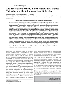 Anti-Tuberculosis Activity in Punica Granatum: in Silico Validation and Identification of Lead Molecules
