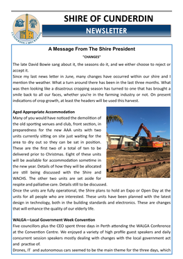 SHIRE of CUNDERDIN NEWSLETTER a Message From