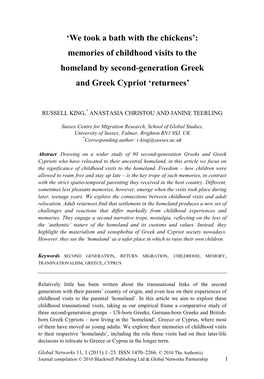 We Took a Bath with the Chickens’: Memories of Childhood Visits to the Homeland by Second-Generation Greek and Greek Cypriot ‘Returnees’