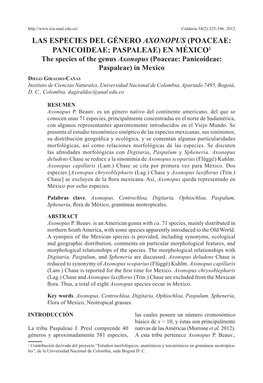 LAS ESPECIES DEL GÉNERO AXONOPUS (POACEAE: PANICOIDEAE: PASPALEAE) EN MÉXICO1 the Species of the Genus Axonopus (Poaceae: Panicoideae: Paspaleae) in Mexico