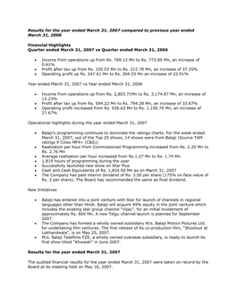 Results for the Year Ended March 31, 2007 Compared to Previous Year Ended March 31, 2006