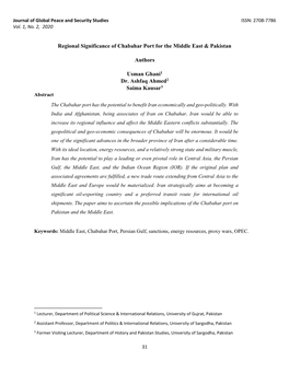Regional Significance of Chabahar Port for the Middle East & Pakistan