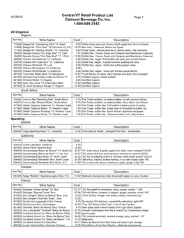 Central VT Retail Product List Calmont Beverage Co. Inc. 1-800-649-3143