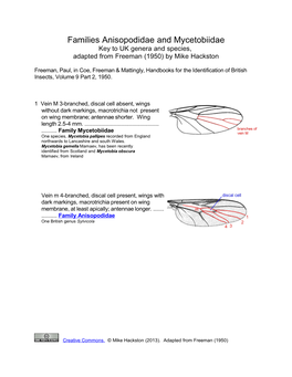 Families Anisopodidae and Mycetobiidae Key to UK Genera and Species, Adapted from Freeman (1950) by Mike Hackston