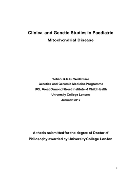 Clinical and Genetic Studies in Paediatric Mitochondrial Disease