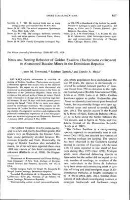 Nests and Nesting Behavior of Golden Swallow {Tachycineta Euchrysea) in Abandoned Bauxite Mines in the Dominican Republic