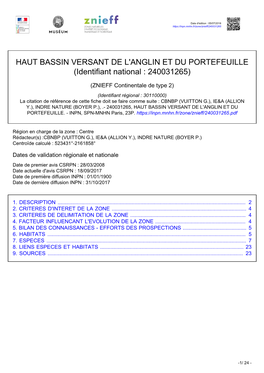 HAUT BASSIN VERSANT DE L'anglin ET DU PORTEFEUILLE (Identifiant National : 240031265)