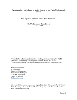 Bigham 1 Claw Morphology and Influence on Feeding Electivity Of