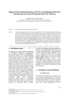 Impact of Environmental Factors of Water on Zooplankton Diversity and Dynamic in Yacoub El Mansour Reservoir, Morocco