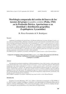 Morfología Comparada Del Corión Del Huevo De Los Taxones Del Grupo Lysandra Coridon (Poda, 1761) En La Península Ibérica