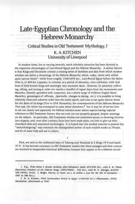 Late-Egyptian Chronology and the Hebrew Monarchy Critical Studies in Old Testament Mythology, I K