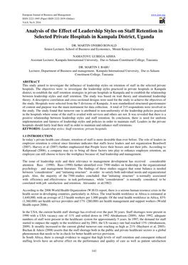 Analysis of the Effect of Leadership Styles on Staff Retention in Selected Private Hospitals in Kampala District, Uganda