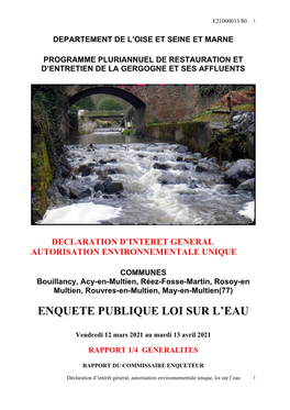 Acy-En-Multien, Réez-Fosse-Martin, Rosoy-En Multien, Rouvres-En-Multien, May-En-Multien(77) ENQUETE PUBLIQUE LOI SUR L’EAU