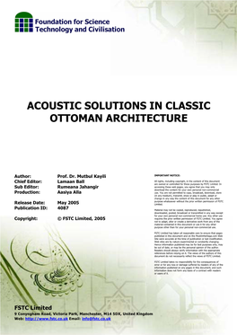Acoustic Solutions in Classic Ottoman Architecture