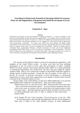 Searching for Democratic Potential in Emerging Global Governance: What Are the Implications of Regional and Global Involvements of Local Governments?