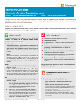 Microsoft Complete Documento Informativo De Producto De Seguro Compañía: Amtrust International Underwriters DAC Producto: Seguro De Avería Y Daños Accidentales