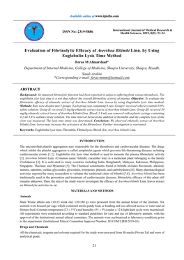 Evaluation of Fibrinolytic Efficacy of Averrhoa Bilimbi Linn. by Using Euglobulin Lysis Time Method