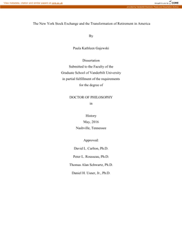 The New York Stock Exchange and the Transformation of Retirement in America by Paula Kathleen Gajewski Dissertation Submitted To