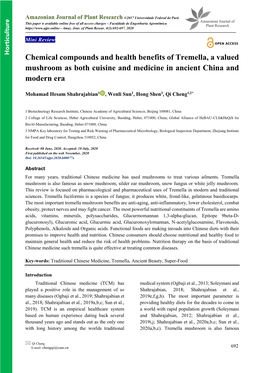 Chemical Compounds and Health Benefits of Tremella, a Valued Mushroom As Both Cuisine and Medicine in Ancient China and Modern Era