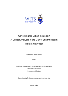 Governing for Urban Inclusion? a Critical Analysis of the City of Johannesburg Migrant Help-Desk