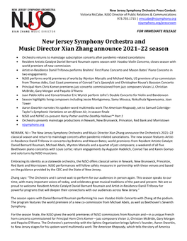 New Jersey Symphony Orchestra and Music Director Xian Zhang Announce 2021–22 Season