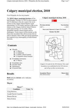 Calgary Municipal Election, 2010 - Wikipedia, the Free Encyclopedia Page 1 Sur 7