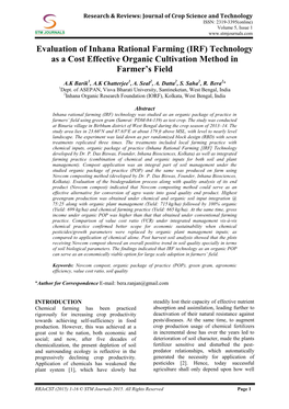 Evaluation of Inhana Rational Farming (IRF) Technology As a Cost Effective Organic Cultivation Method in Farmer's Field