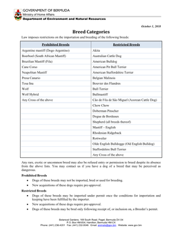 Breed Categories Law Imposes Restrictions on the Importation and Breeding of the Following Breeds