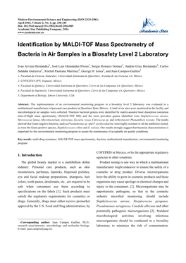 Identification by MALDI-TOF Mass Spectrometry of Bacteria in Air Samples in a Biosafety Level 2 Laboratory