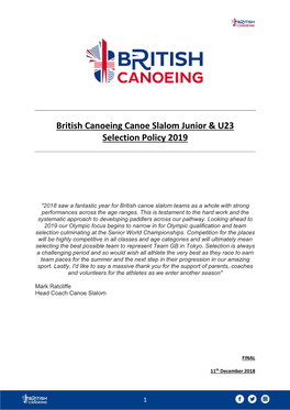 British Canoeing 2019 Canoe Slalom Junior U23 Selection Policy 11 12 18