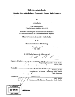 High-Interactivity Radio: Using the Internet to Enhance Community Among Radio Listeners Cogram ARCHIVES