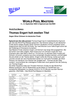 Ergebnisse World Pool Masters